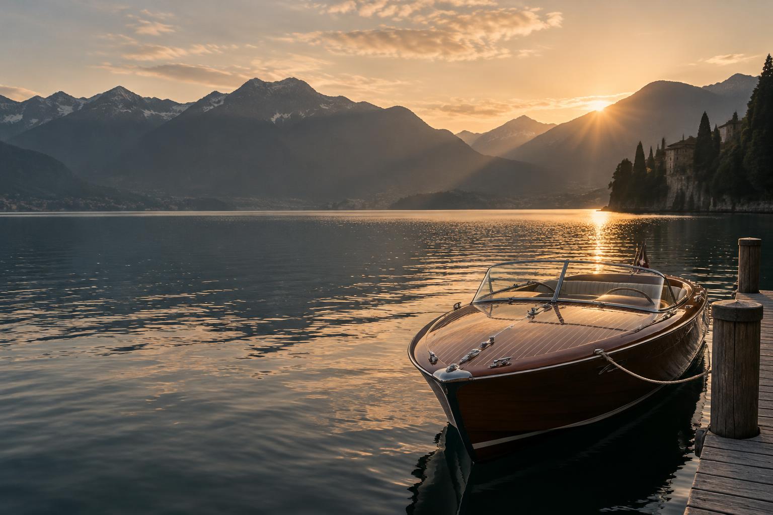 Classic wooden boat on a mountain lake at sunrise